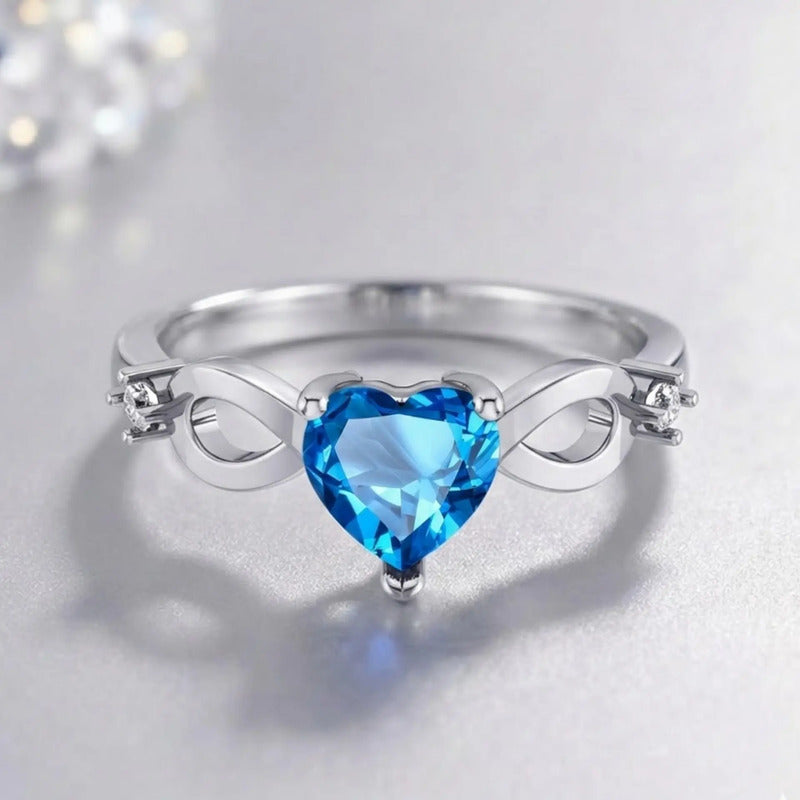 Anel Prata 925 Infinito Amor Coração - Topázio Azul