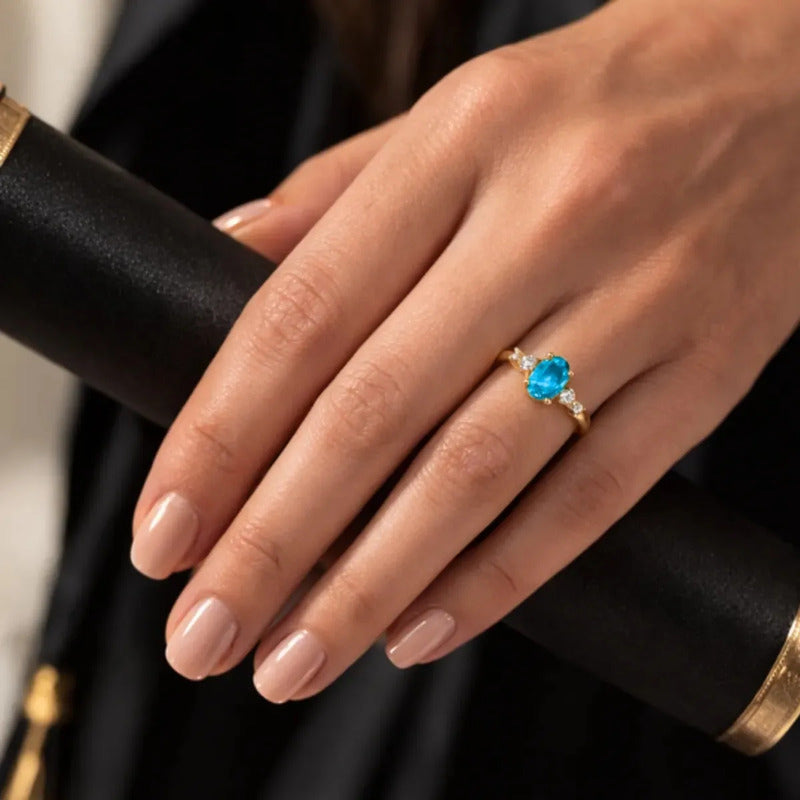 Anel Formatura Feminino Prata 925 Dourada 18k + Capelo Topázio Azul 22-23