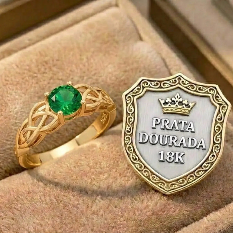 Anel Solitário Celta Knot Prata 925 Dourada 18k - Esmeralda