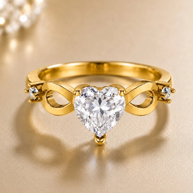 Anel Prata 925 Dourada 18k Infinito Amor Coração - Zircônia