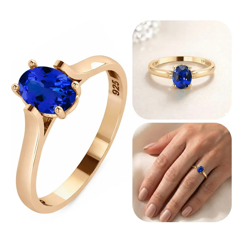 Anel Solitário Oval Em Prata 925 Dourada 18k - Safira