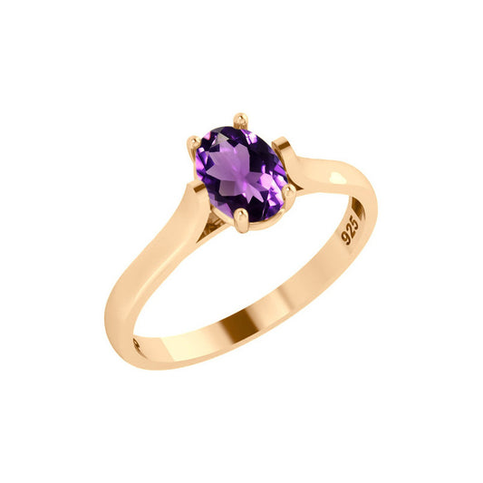 Anel Solitário Oval Em Prata 925 Dourada 18k - Ametista