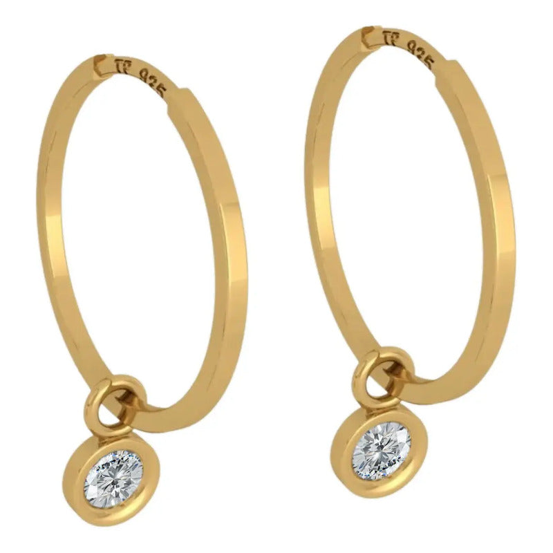 Brinco Argola Prata 925 Dourada 18k Ping Redondo- Zircônia Dourado