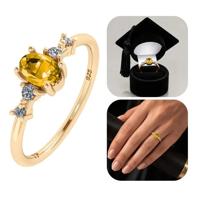 Anel Formatura Feminino Prata 925 Dourada 18k + Capelo Citrino 24-25
