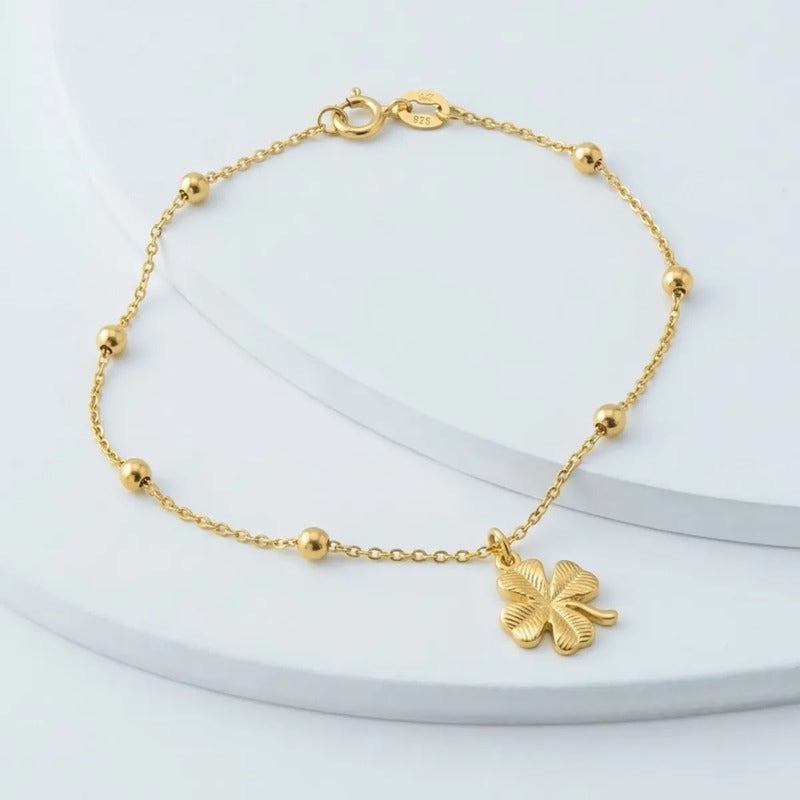 Pulseira Prata 925 Dourada 18k Trevo Da Sorte Bolinha 3mm 18 Cm