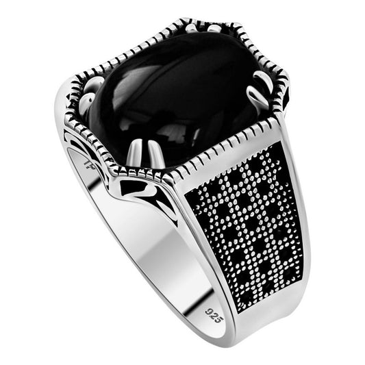 Anel Prata 925 Black Ônix Natural Cabochão Exclusivo