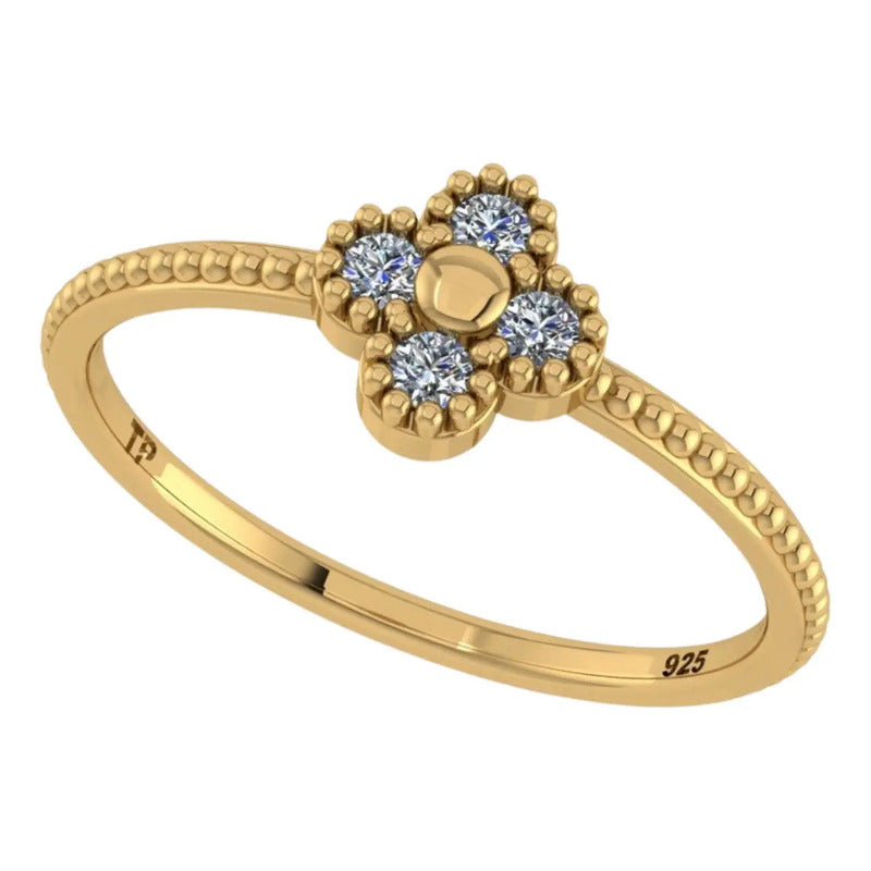 Anel Prata 925 Dourada 18k Flor Com 4 Zircônias - Exclusivo