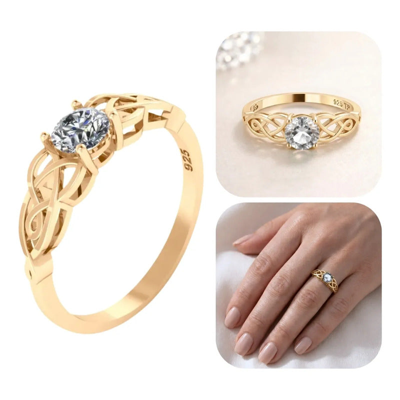 Anel Solitário Celta Knot Prata 925 Dourada 18k - Zircônia
