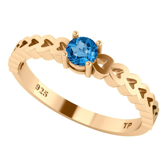 Anel Luxo Corações Prata 925 Dourada Ouro 18k - Topázio Azul