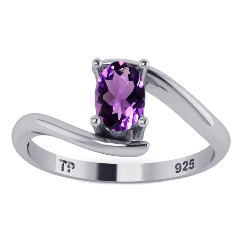 Anel De Prata 925 Solitário Miami Ametista - Feminino