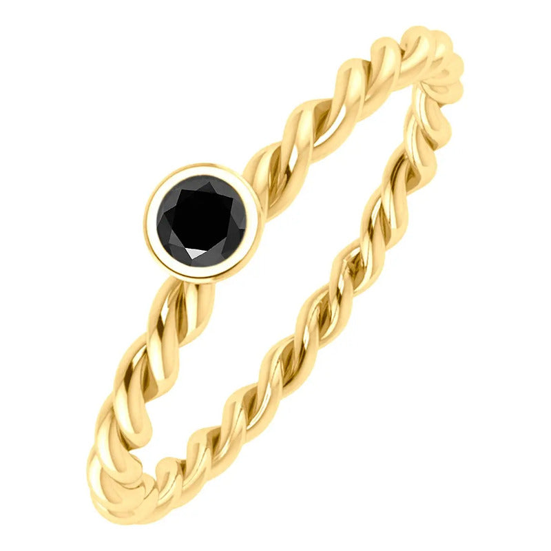 Anel Solitário Prata 925 Dourada 18k Torcido - Black Onix