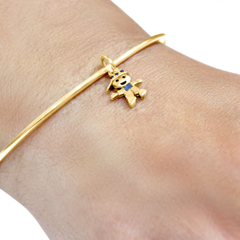 Bracelete Rígido Prata 925 Dourada 18k - Pingente Menino Dourado 19 Cm