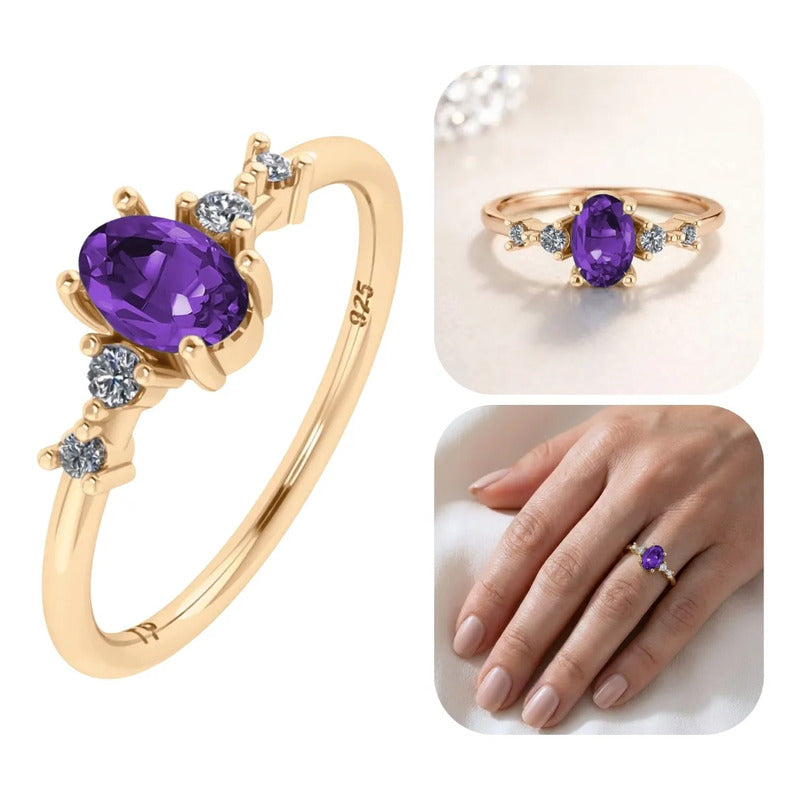 Anel London Prata 925 Dourada 18k Ametista