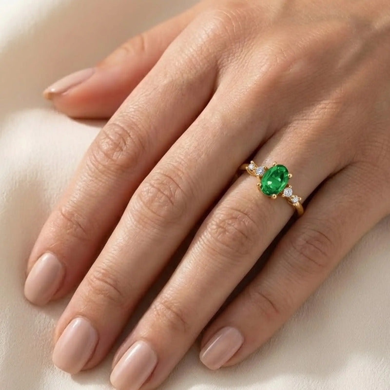 Anel London De Prata 925 Dourada  Ouro 18k - Esmeralda