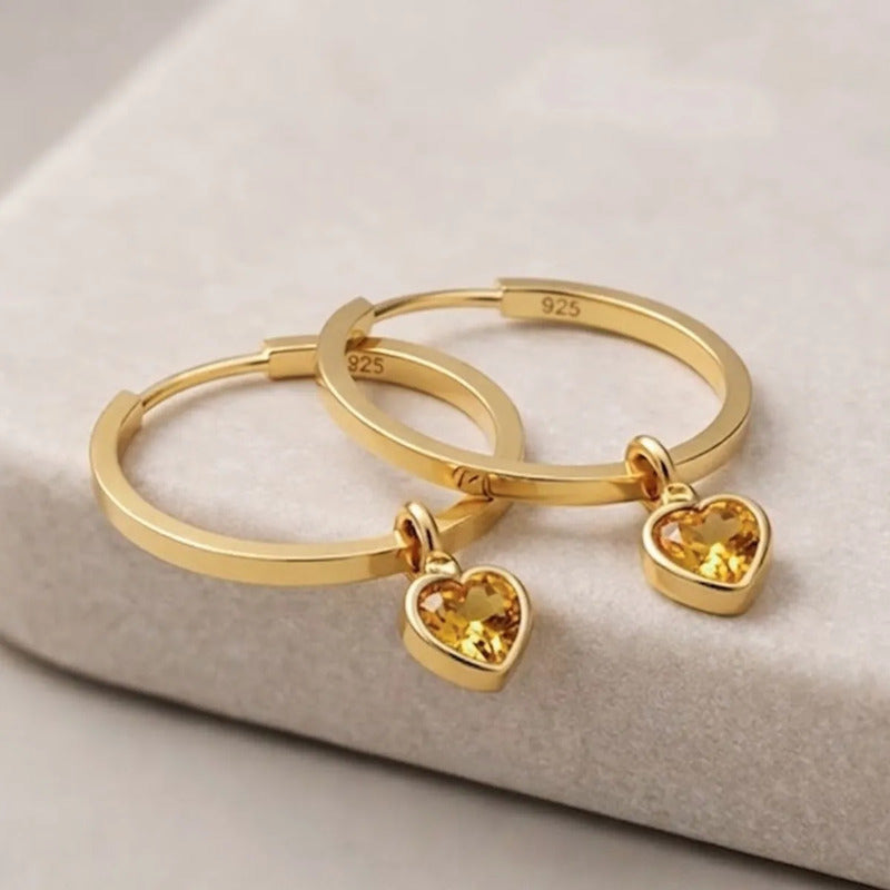 Brinco Argola Prata 925 Dourada 18k Pingente Citrino Coração Dourado