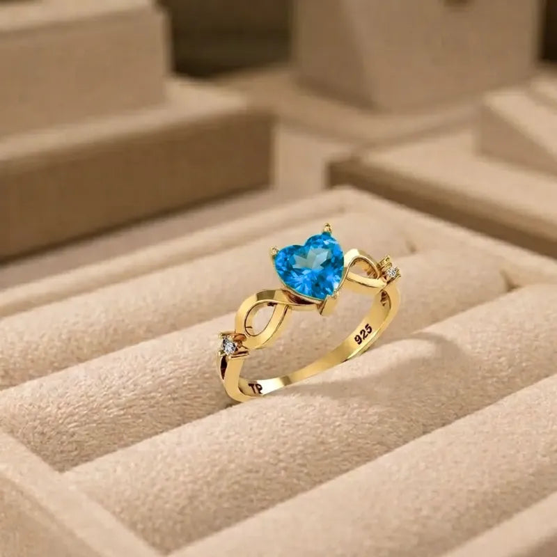 Anel Prata 925 Dourada 18k Infinito Amor Coração - Topázio