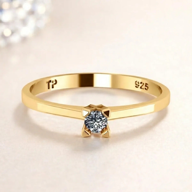 Anel Solitário Clássico Prata 925 Dourada 18k - Zircônia