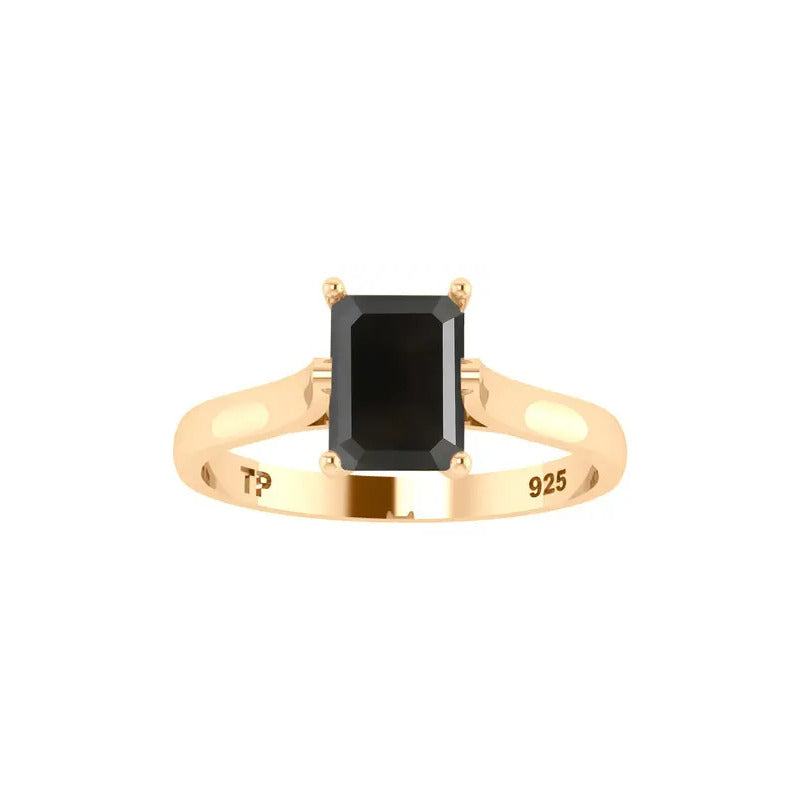 Anel Solitário Retangular Prata 925 Dourada 18k - Black Ônix