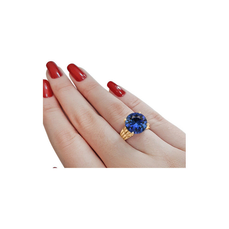 Anel Solitário Prata 925 Dourada 18k - Safira Grande