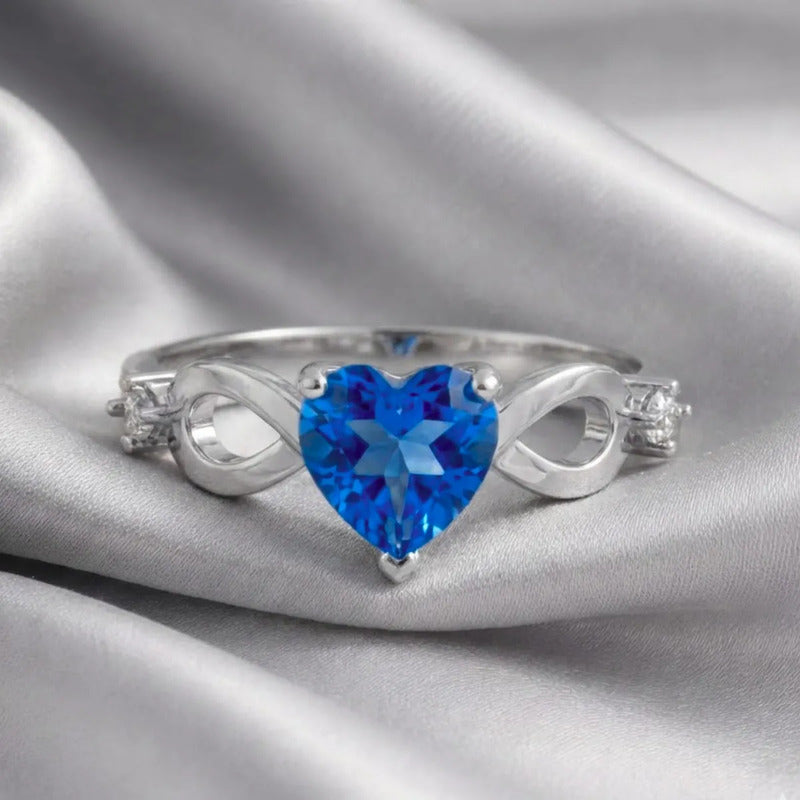 Anel Prata 925 Infinito Amor Coração - Safira Azul