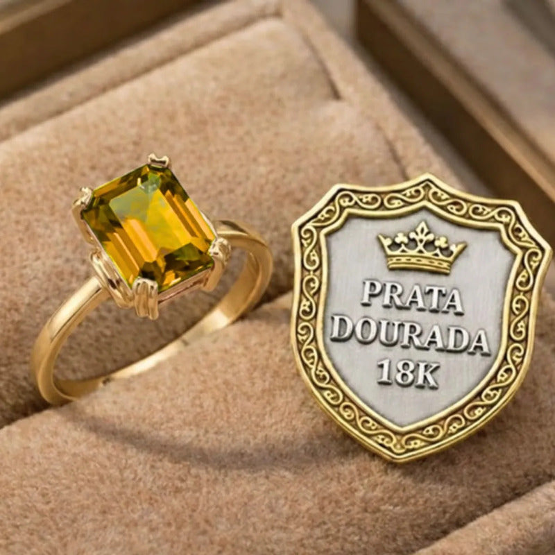 Anel Vintage Prata 925 Dourada 18k Citrino