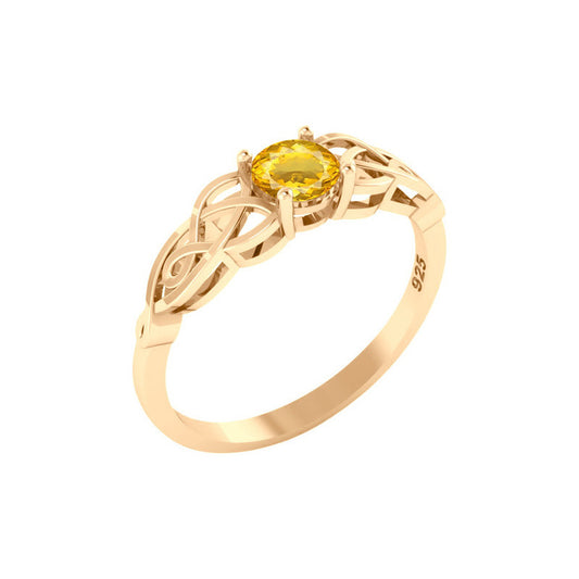Anel Solitário Celta Knot Prata 925 Dourada 18k - Citrino
