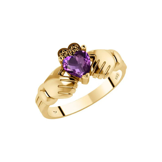 Anel Claddagh Irlandês Prata 925 Dourada 18k - Ametista