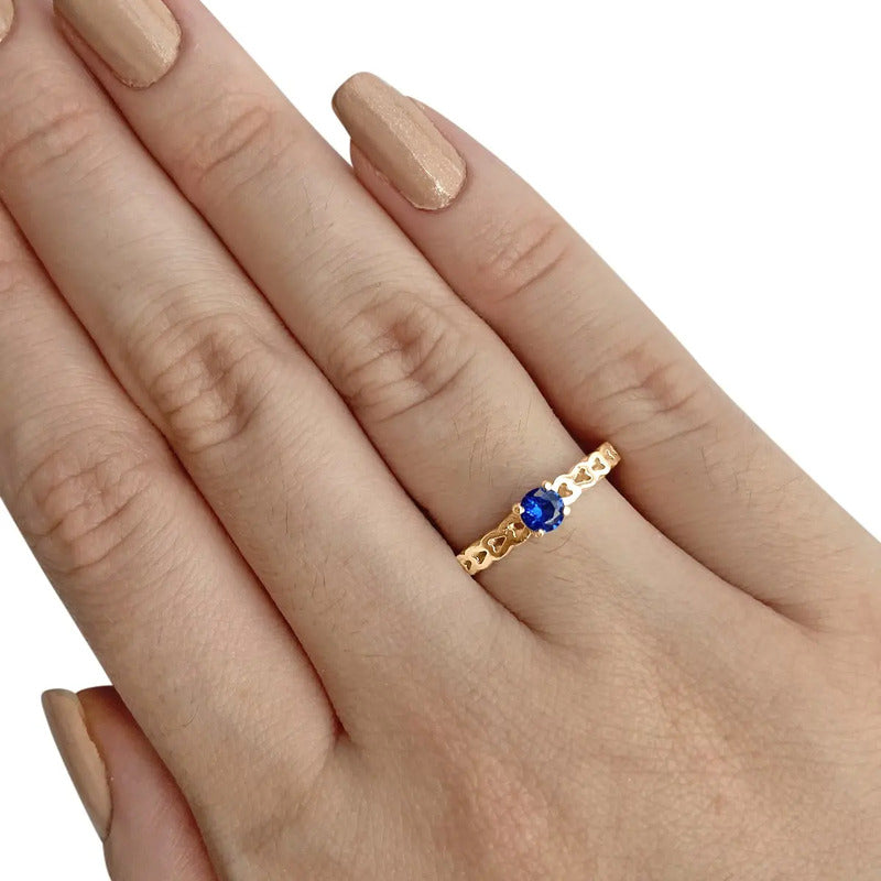 Anel Luxo Corações Prata 925 Dourada Ouro 18k Safira