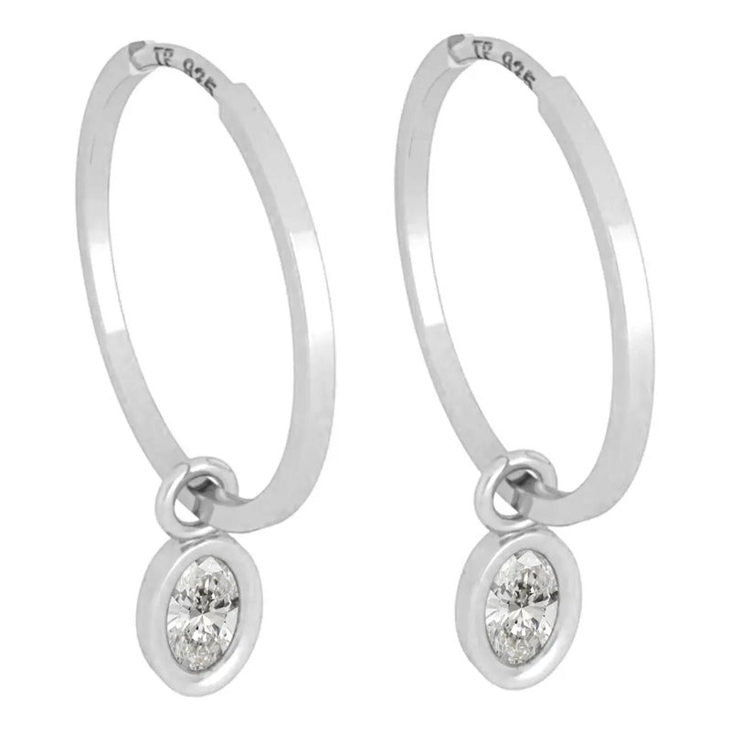 Brinco Argola Prata 925 Pingente Oval - Zircônia Prata