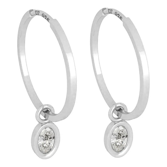 Brinco Argola Prata 925 Pingente Oval - Zircônia Prata