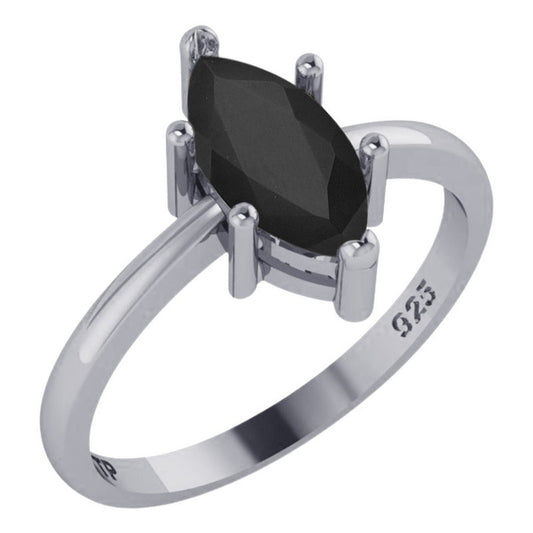 Anel Prata 925 Solitário Navete Black Onix - Exclusivo
