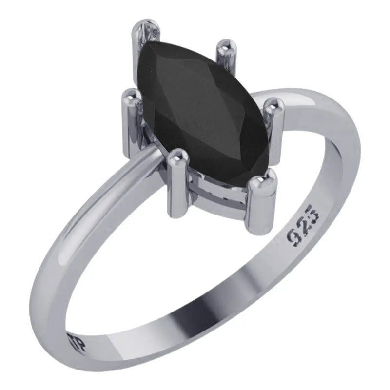 Anel Prata 925 Solitário Navete Black Onix - Exclusivo