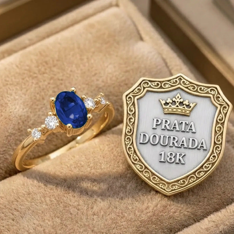 Anel London De Prata 925 Dourada Ouro 18k - Safira