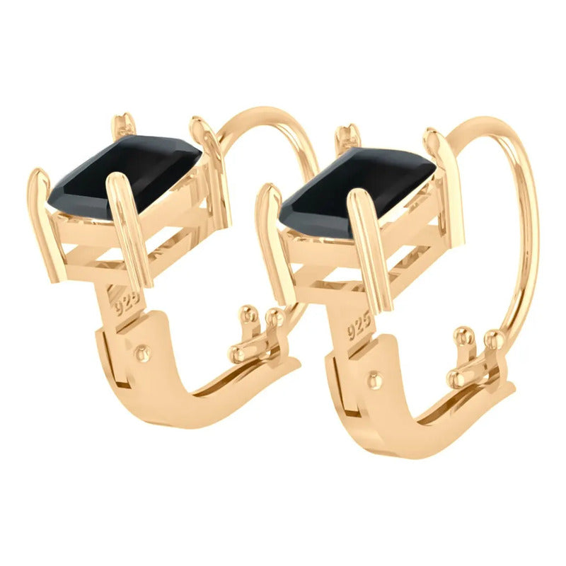 Brinco Trava Retangular Prata 925 Dourada Ouro 18k - Onix  Preto