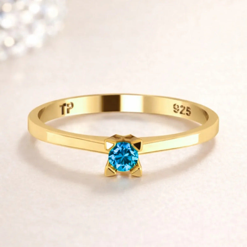 Anel Solitário Prata 925 Dourada 18k - Topázio Azul