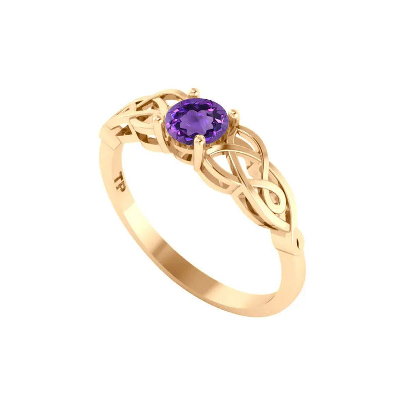 Anel Solitário Celta Knot Prata 925 Dourada 18k - Ametista