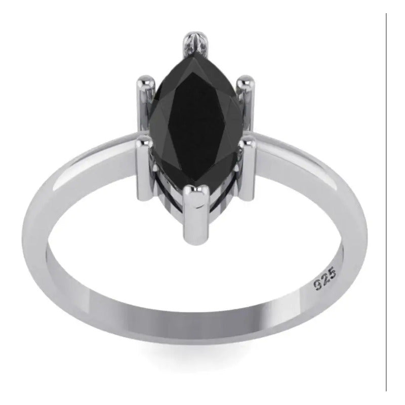 Anel Prata 925 Solitário Navete Black Onix - Exclusivo