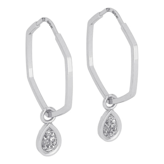 Brinco Argola Hexagonal Prata 925 Pingente Gota - Zircônia