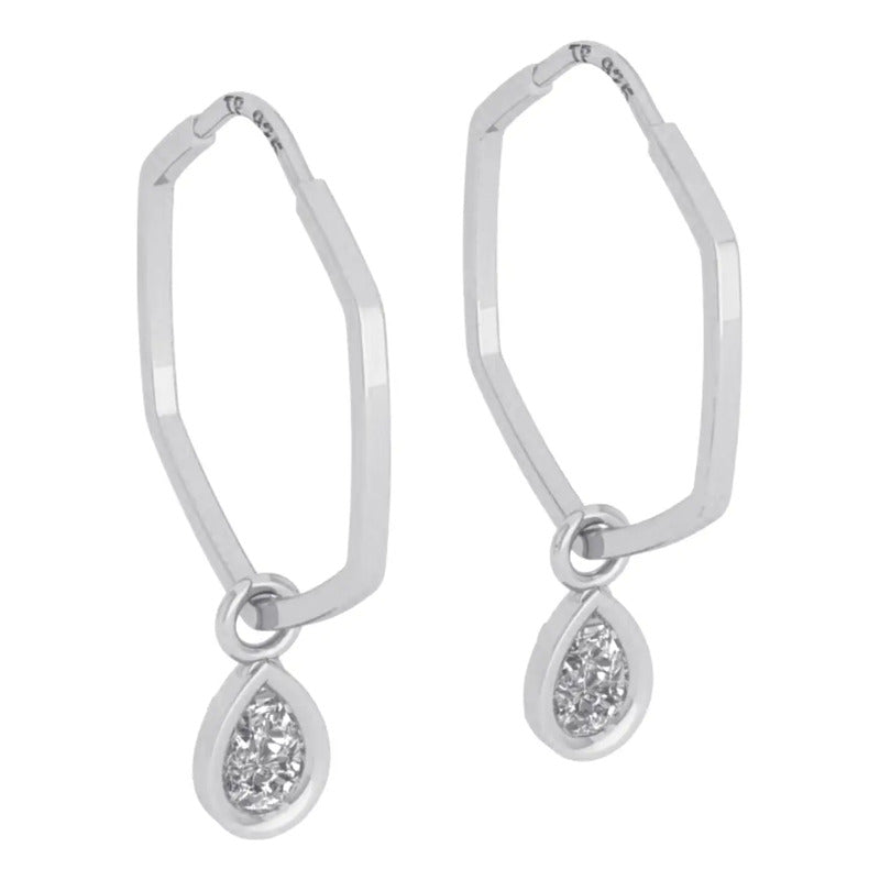 Brinco Argola Hexagonal Prata 925 Pingente Gota - Zircônia Prata
