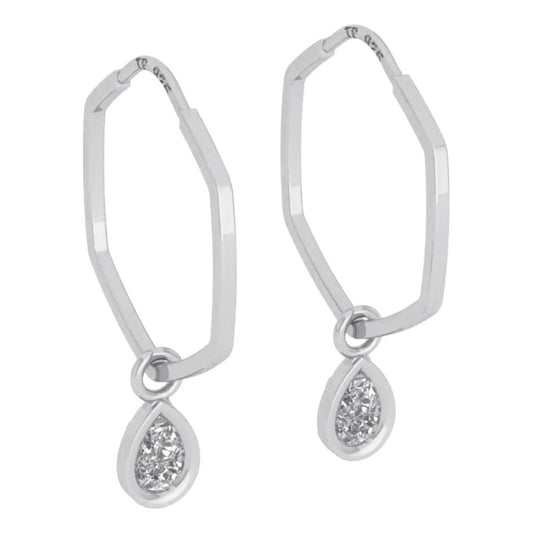 Brinco Argola Hexagonal Prata 925 Pingente Gota - Zircônia Prata