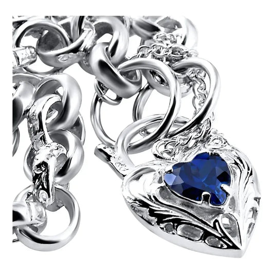 Pulseira Prata 925 Elo Português Safira Azul - Fecho Coração