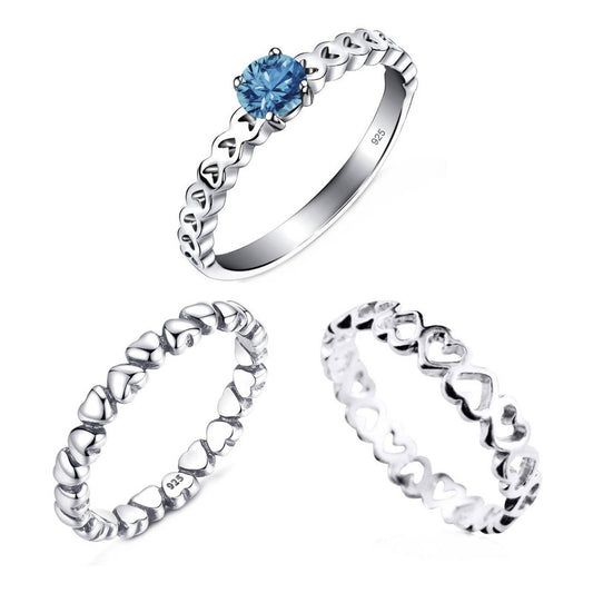Kit 3 Anillos de Plata Pura 925 con Corazones de Topacio - Exclusivo