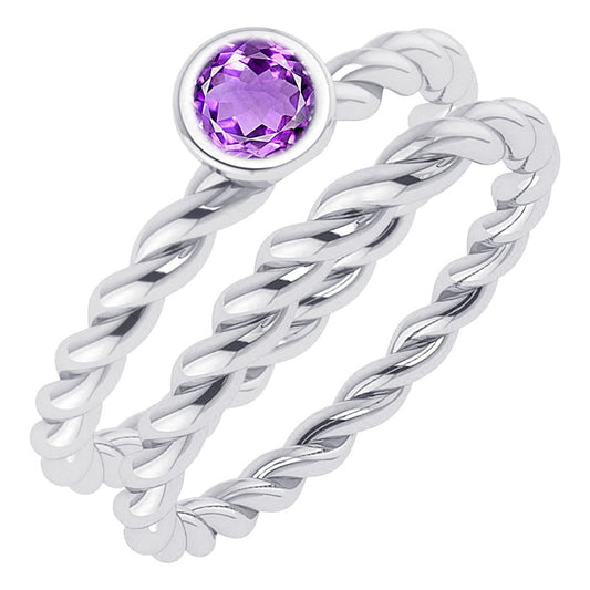925 Silver Double Ring Solitaire Twisted Amethyst - Exclusive