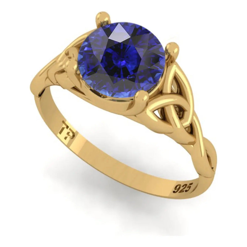 Anel Prata 925 Dourada 18k Celta Knot Trinity - Safira Azul