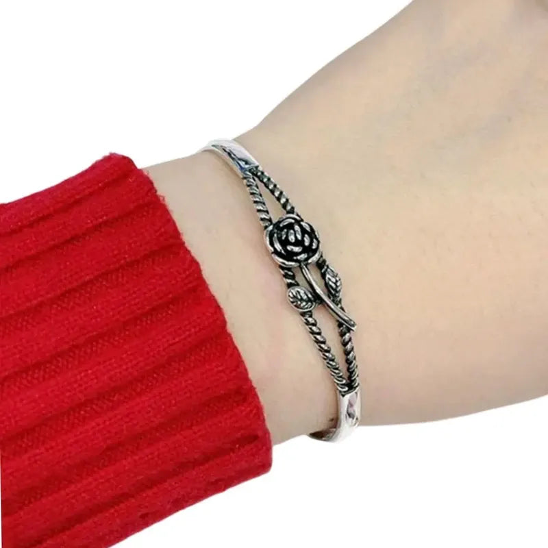 Pulseira Bracelete Floral Rígido Maciço Prata 925 - Feminino 6.5 Cm 22 Cm