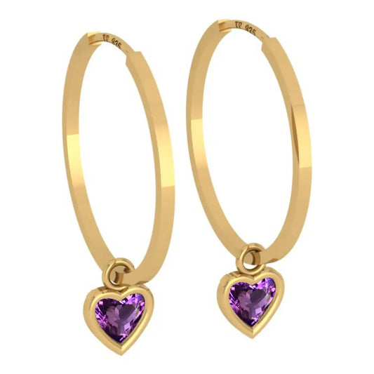Brinco Argola Prata 925 Dourado 18k Ametista Coração Dourado