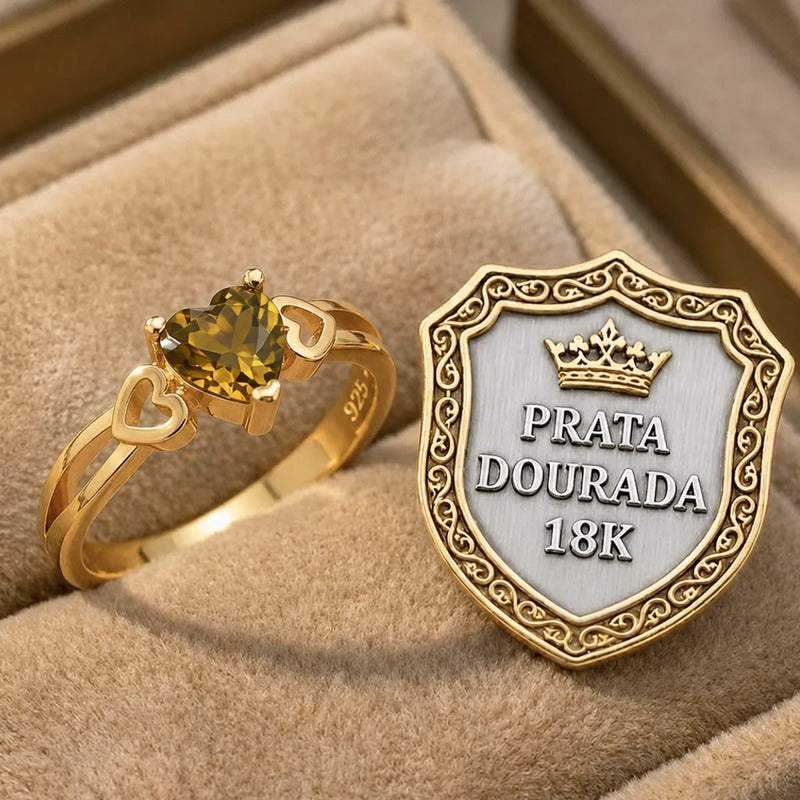 Anel Eterno Coração Prata 925 Dourada Ouro 18k  Citrino