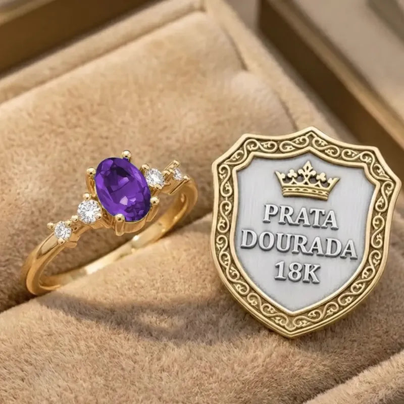 Anel London Prata 925 Dourada 18k Ametista