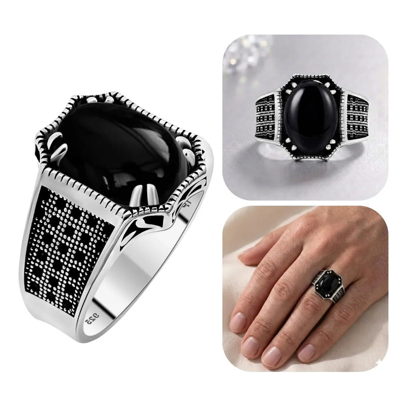 Anel Prata 925 Black Ônix Natural Cabochão Exclusivo