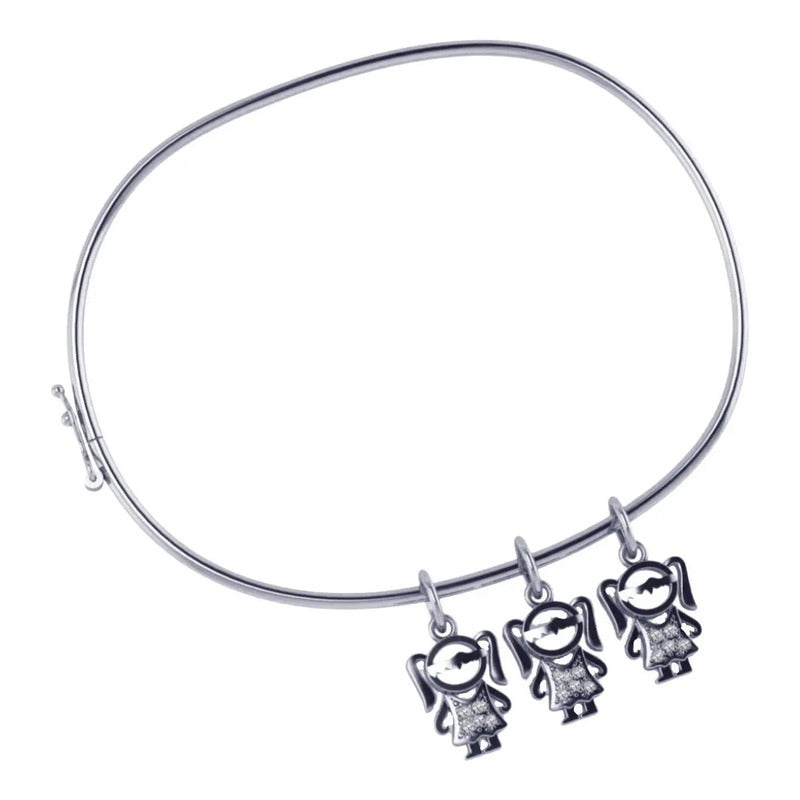 Pulseira Bracelete Rígido Prata 925 - Pingentes 3 Meninas 19 Cm